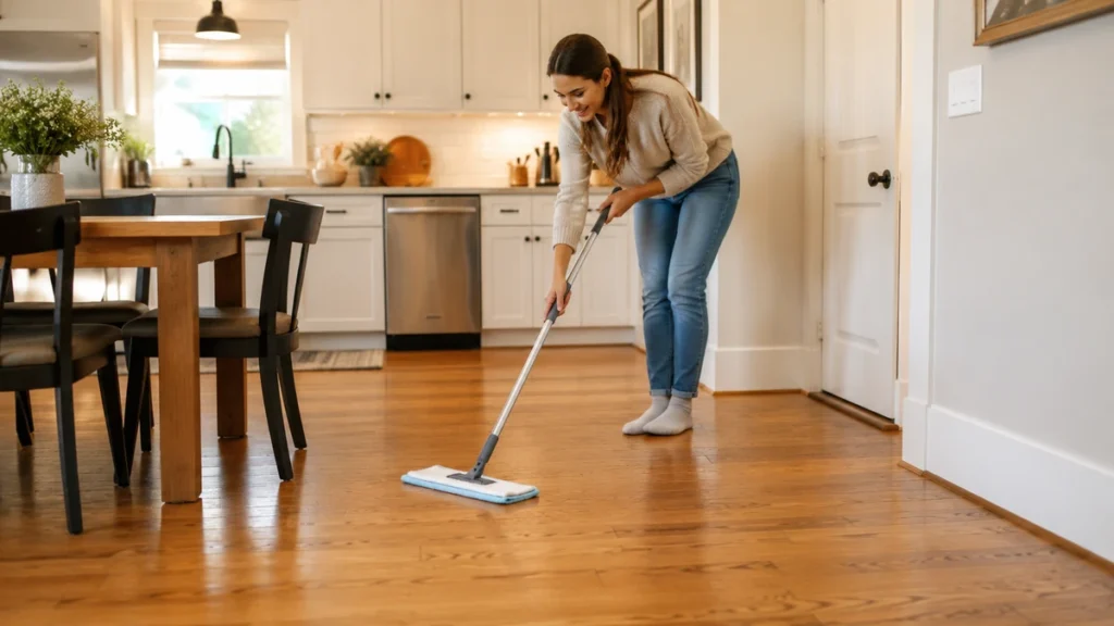 Safe oak floor cleaning with a slightly damp mop