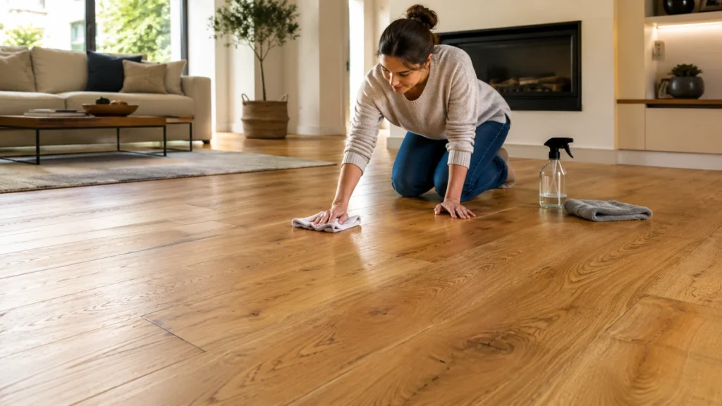 Person gently cleaning natural oak wood flooring in a modern living room