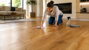 Person gently cleaning natural oak wood flooring in a modern living room