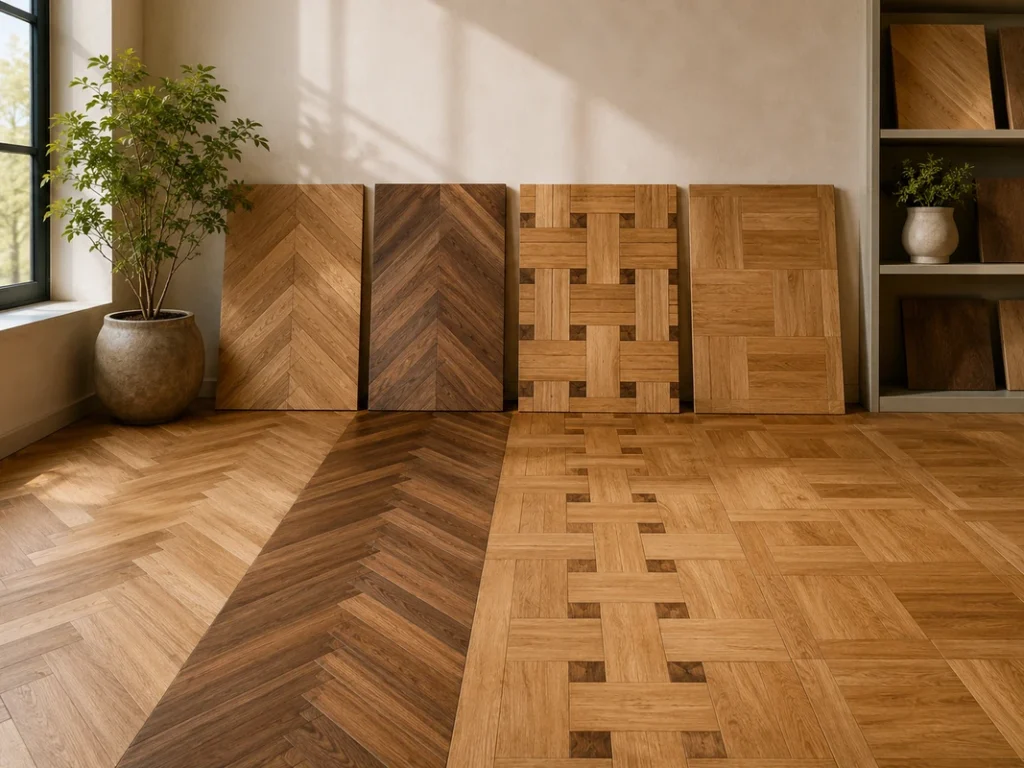 Parquet flooring sample boards showing herringbone, chevron, basket weave, and square patterns