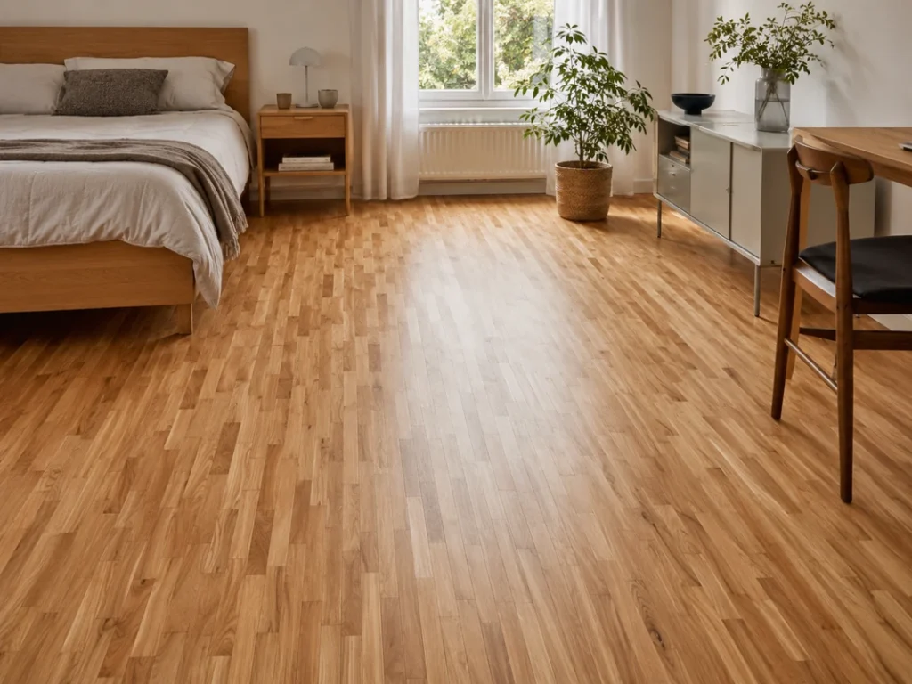 Elegant bedroom with Chantilly parquet floor panels in pale oak