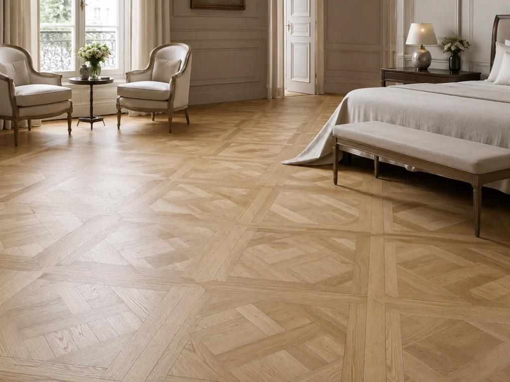 Luxury foyer with Bordeaux parquet flooring and geometric wood panel design