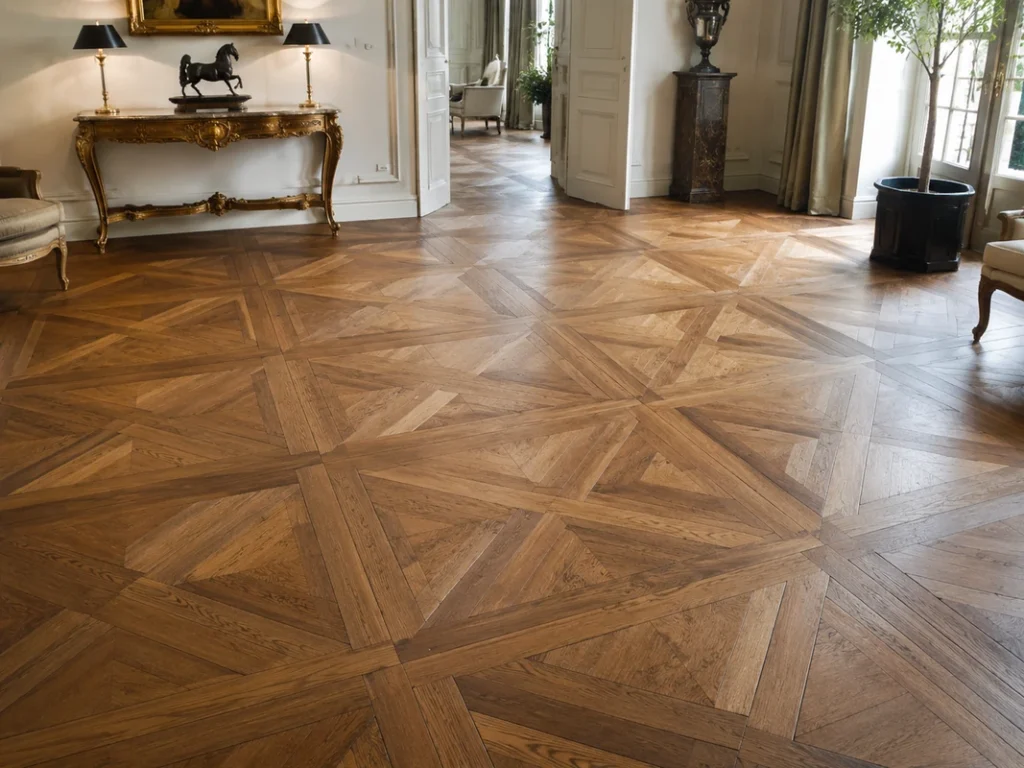 Classic living room with square panel parquet flooring in natural oak