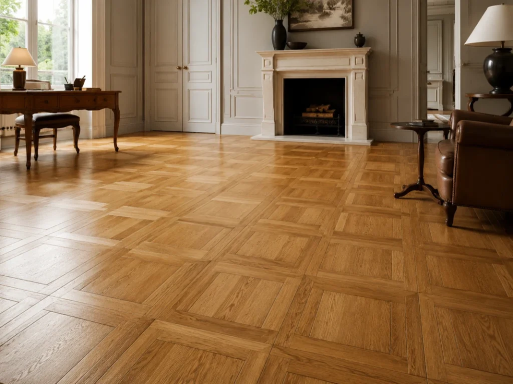 Modern living room with brick bond parquet flooring in warm oak