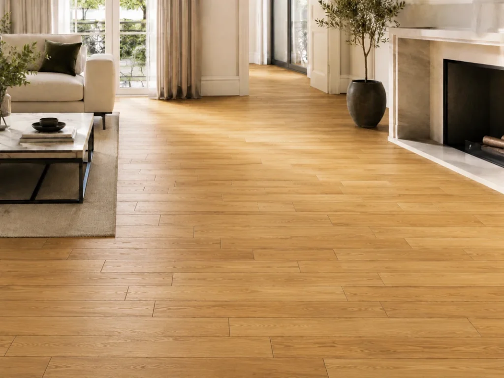 Bright living room with custom geometric parquet flooring and star pattern