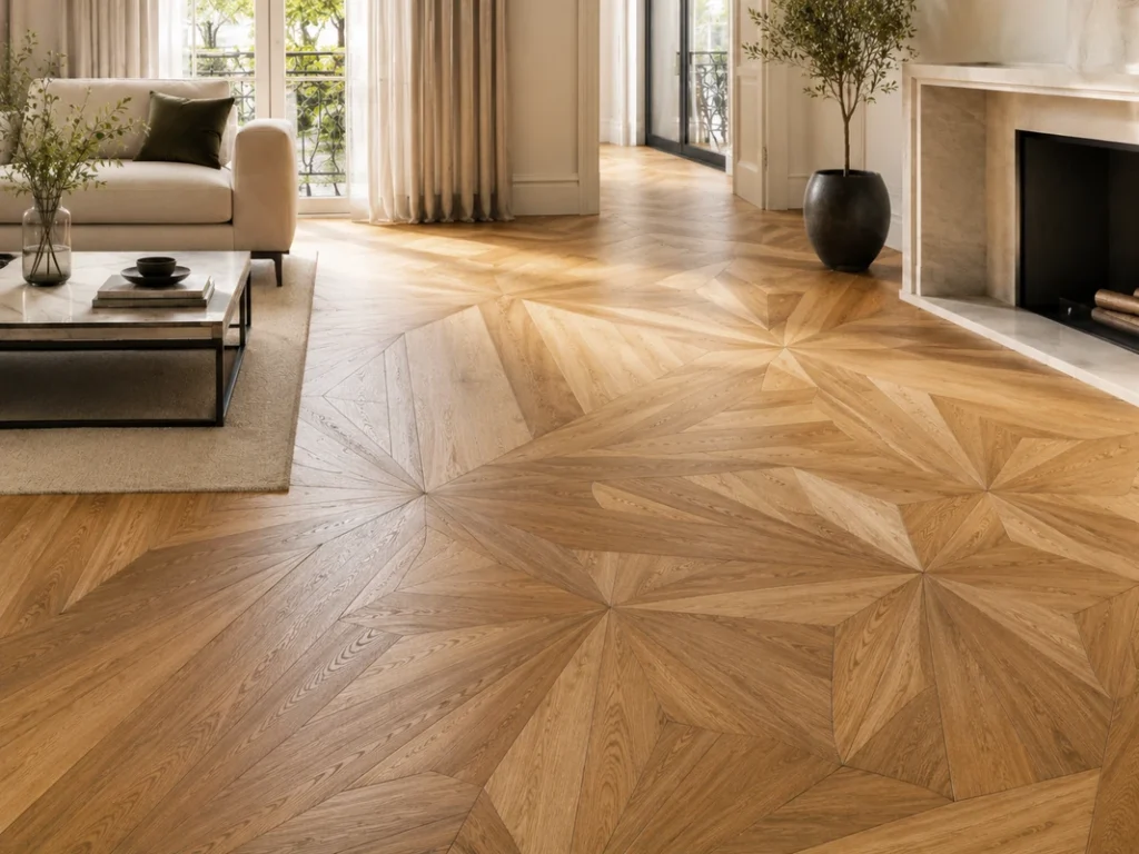 Open-plan home showing different parquet patterns across bedroom, living room, and hallway