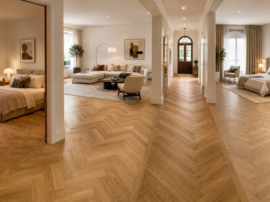 Cozy modern living room with herringbone parquet flooring and warm neutral furniture