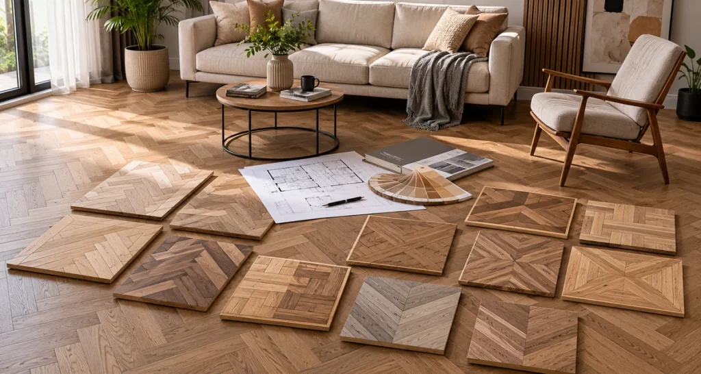 Interior design scene with parquet pattern samples, floor plan, and wood color options