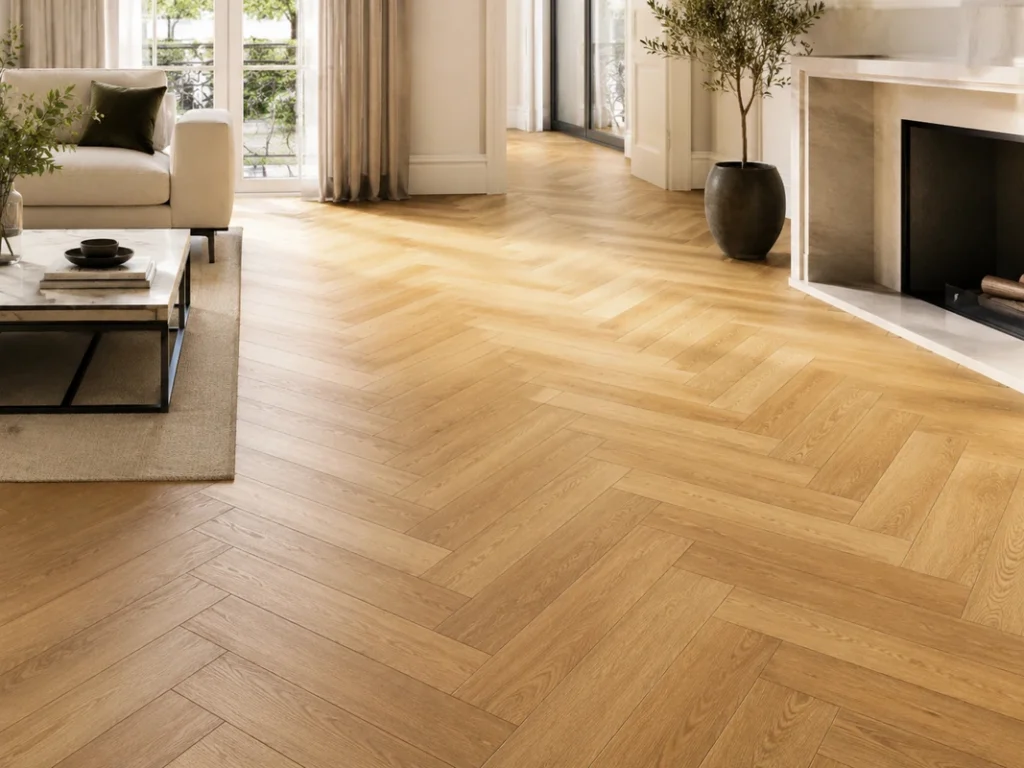 Light oak herringbone parquet floor in a bright modern living room