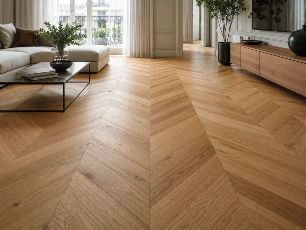 Modern living room with wide chevron parquet flooring in natural oak