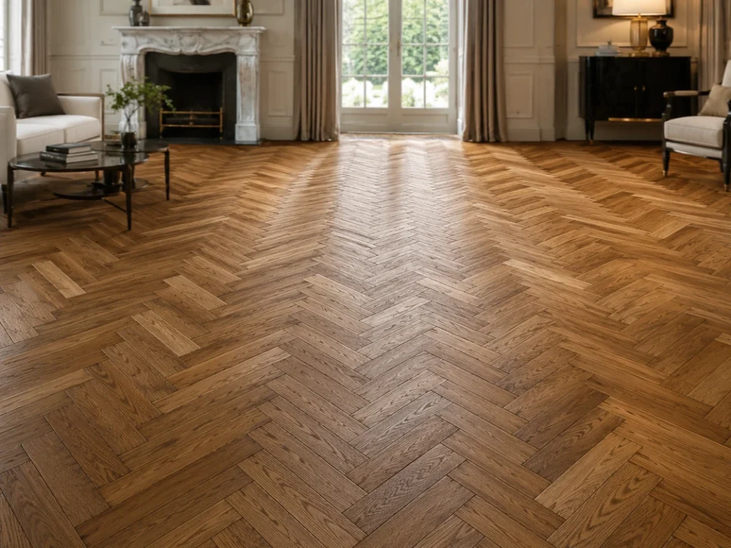Elegant classic room with double herringbone parquet flooring in warm oak