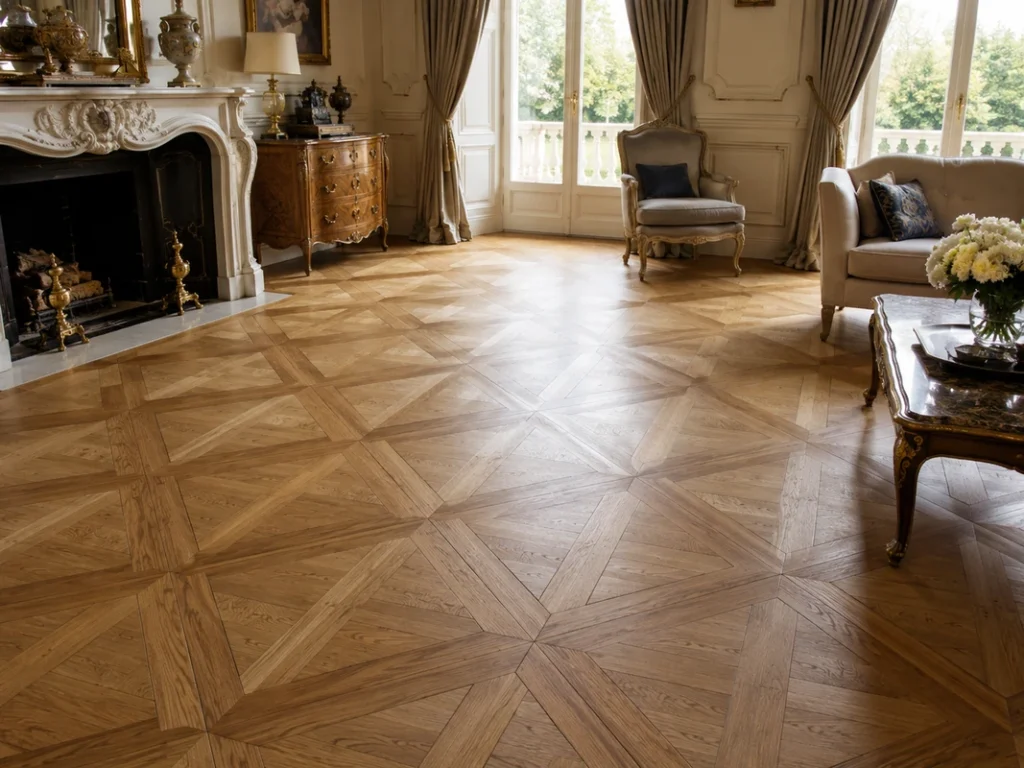 Luxury French-style living room with Versailles parquet floor panels