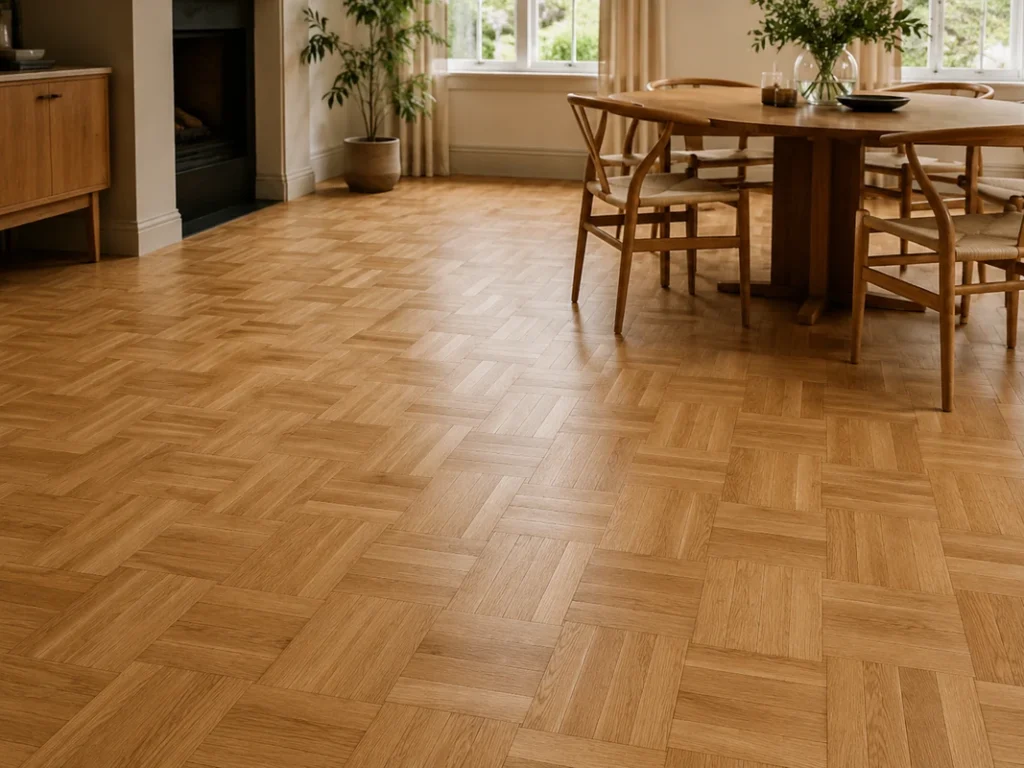 Cozy dining room with basket weave parquet flooring in light oak