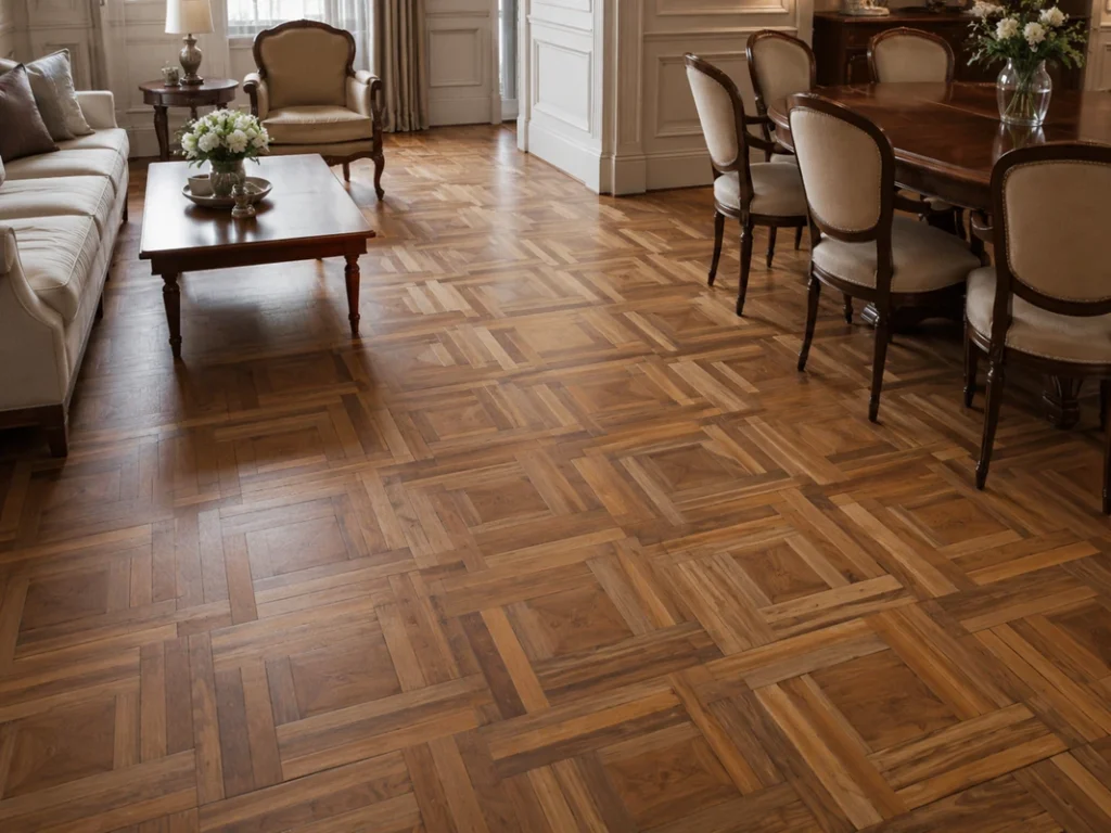 Minimal bedroom with mosaic finger strip parquet flooring in warm wood tones