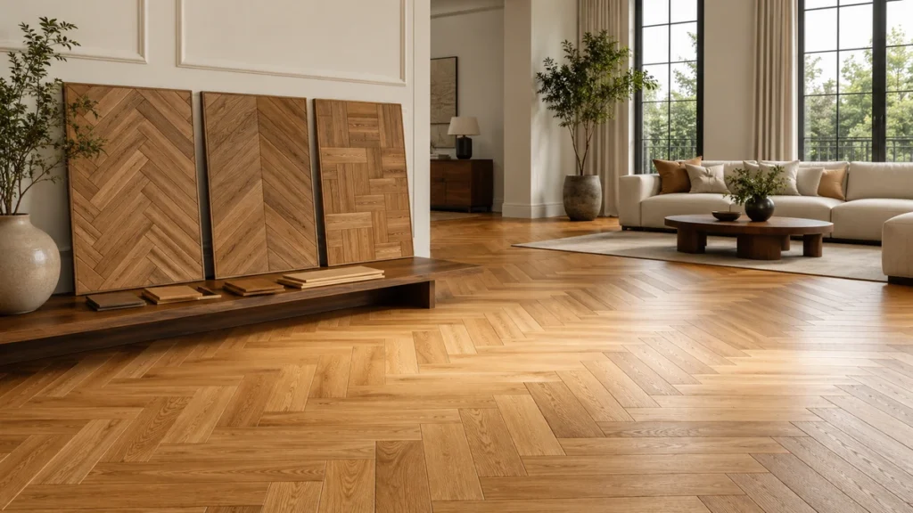 Modern living room with herringbone parquet flooring and parquet floor design samples