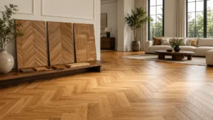 Modern living room with herringbone parquet flooring and parquet floor design samples