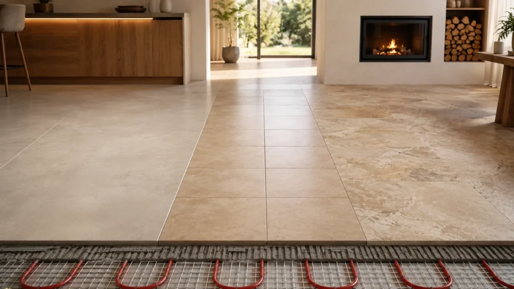 Porcelain, ceramic and natural stone tiles installed over an underfloor heating system