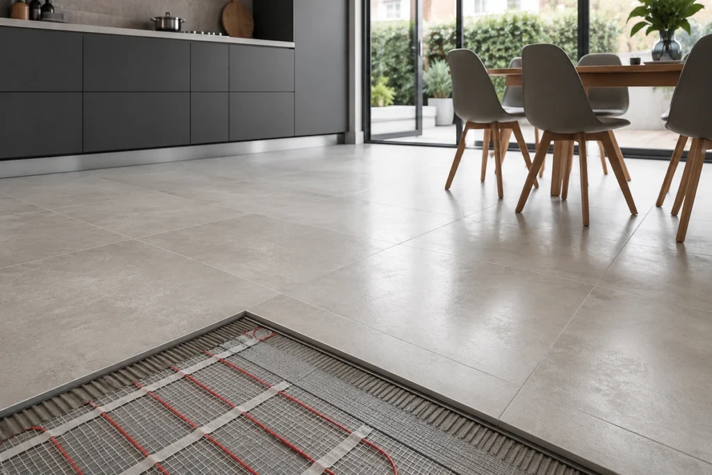 Porcelain floor tiles installed above an electric underfloor heating system in a modern kitchen