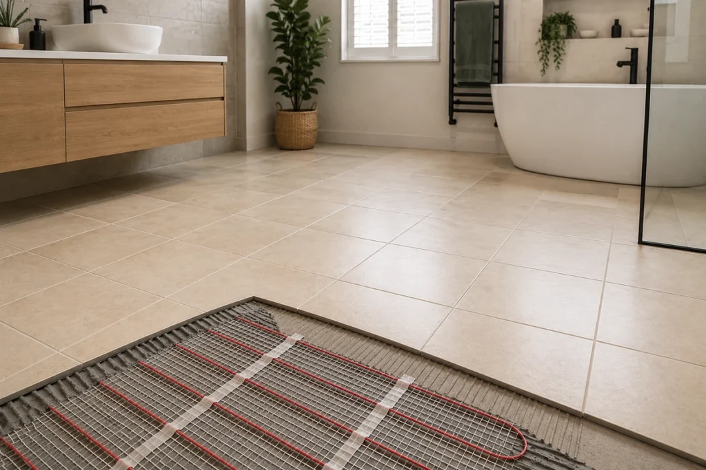 Ceramic bathroom floor tiles installed over electric underfloor heating cables