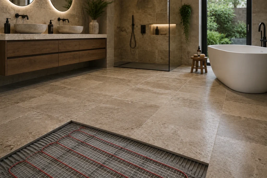 Natural stone bathroom tiles installed over an underfloor heating system in a luxury interior