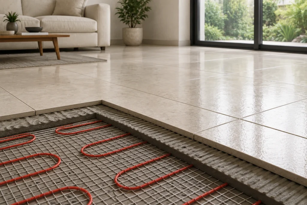 Cutaway view of floor tiles, adhesive and heating cables showing an efficient underfloor heating installation