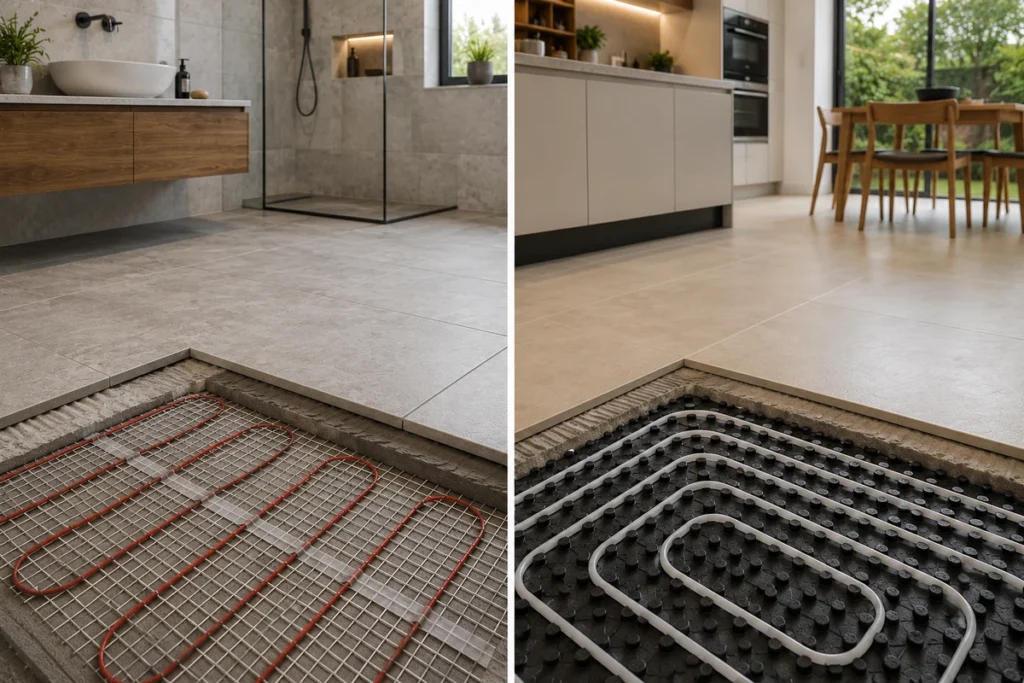 Electric underfloor heating cables compared with water underfloor heating pipes beneath tiled floors