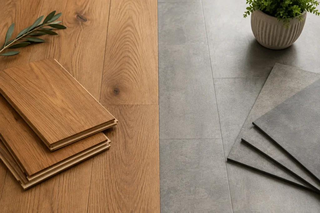 Engineered wood and LVT flooring samples displayed side by side for a direct material and appearance comparison