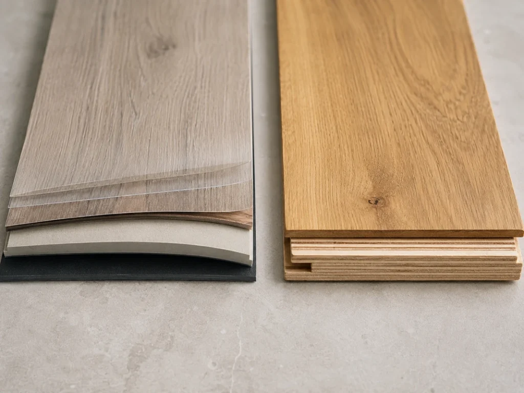 Layered LVT and engineered wood flooring samples showing the different materials used in each construction