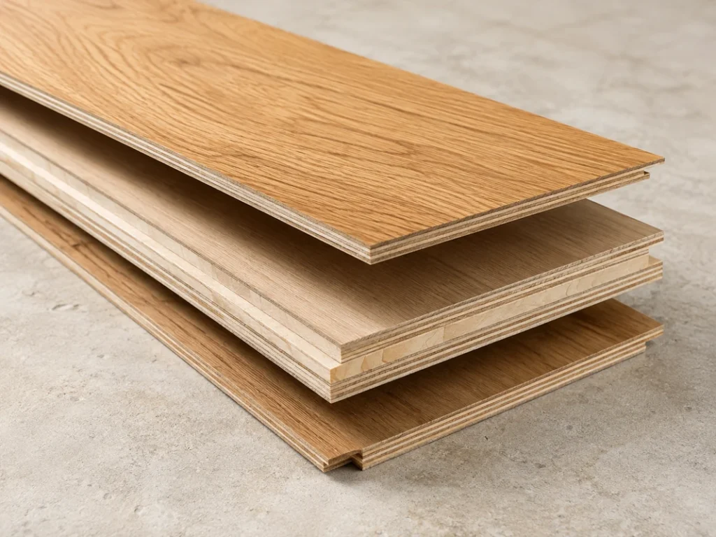 Close-up exploded view of engineered wood flooring showing the real wood veneer and multilayer plywood core