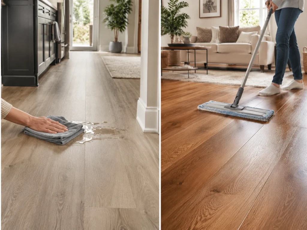 LVT and engineered wood floors being cleaned after spills, comparing water resistance and maintenance needs