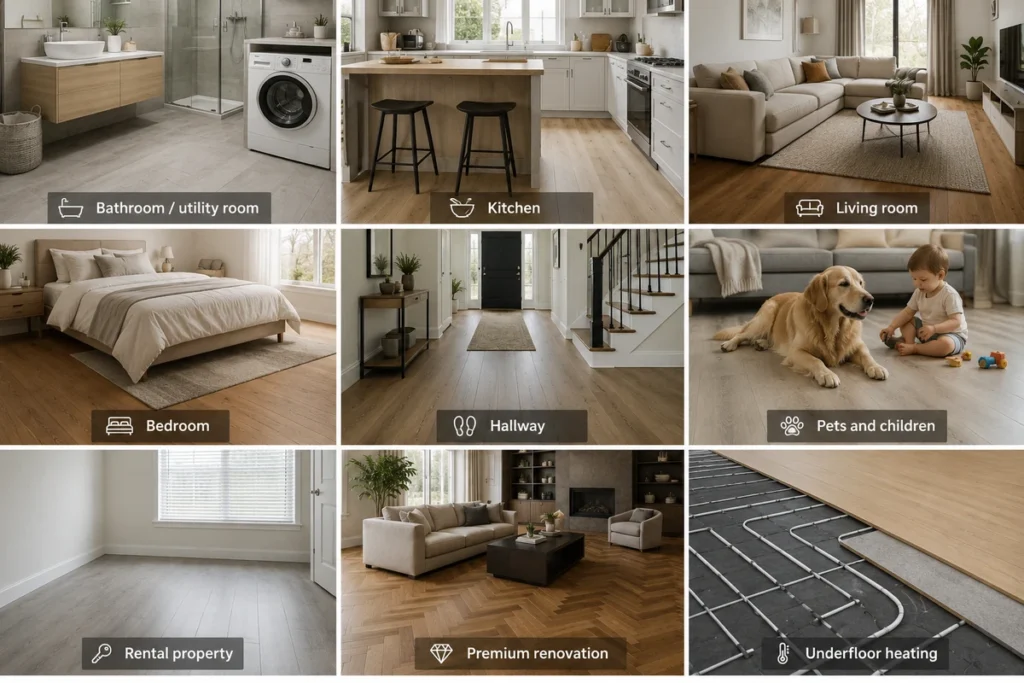 Different home spaces showing suitable flooring choices for bathrooms, kitchens, bedrooms, hallways, families and renovations