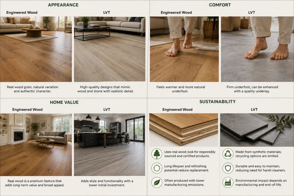 Comparison of engineered wood and LVT based on appearance, comfort, home value and sustainability