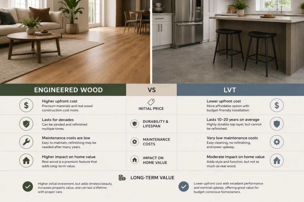 Engineered wood and LVT compared by initial price, durability, maintenance costs, lifespan and long-term value