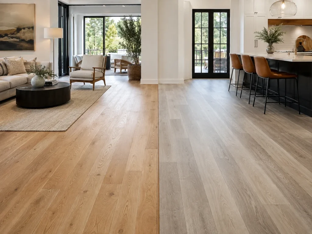 Modern open-plan home interior showing a side-by-side comparison of engineered wood flooring and LVT flooring in a living room and kitchen setting