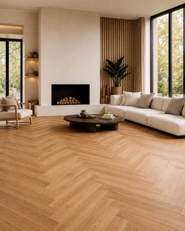 Elegant living room with engineered wood parquet flooring in Dubai