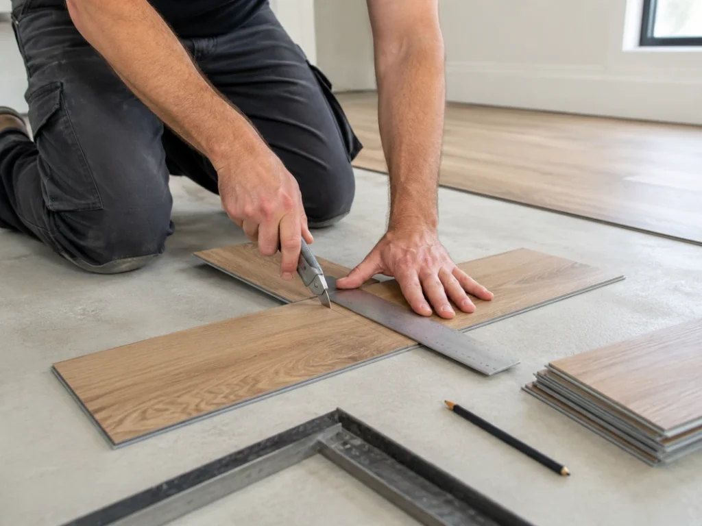 Installer scoring an LVT flooring plank with a utility knife and metal straightedge