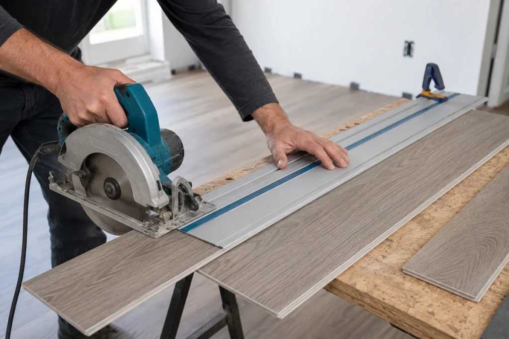 Installer making a long rip cut in an LVT plank with a circular saw and guide rail
