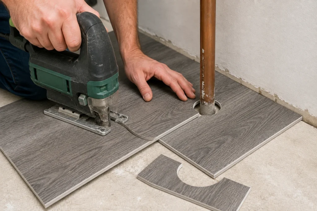 Installer cutting an LVT flooring plank around a pipe with a jigsaw