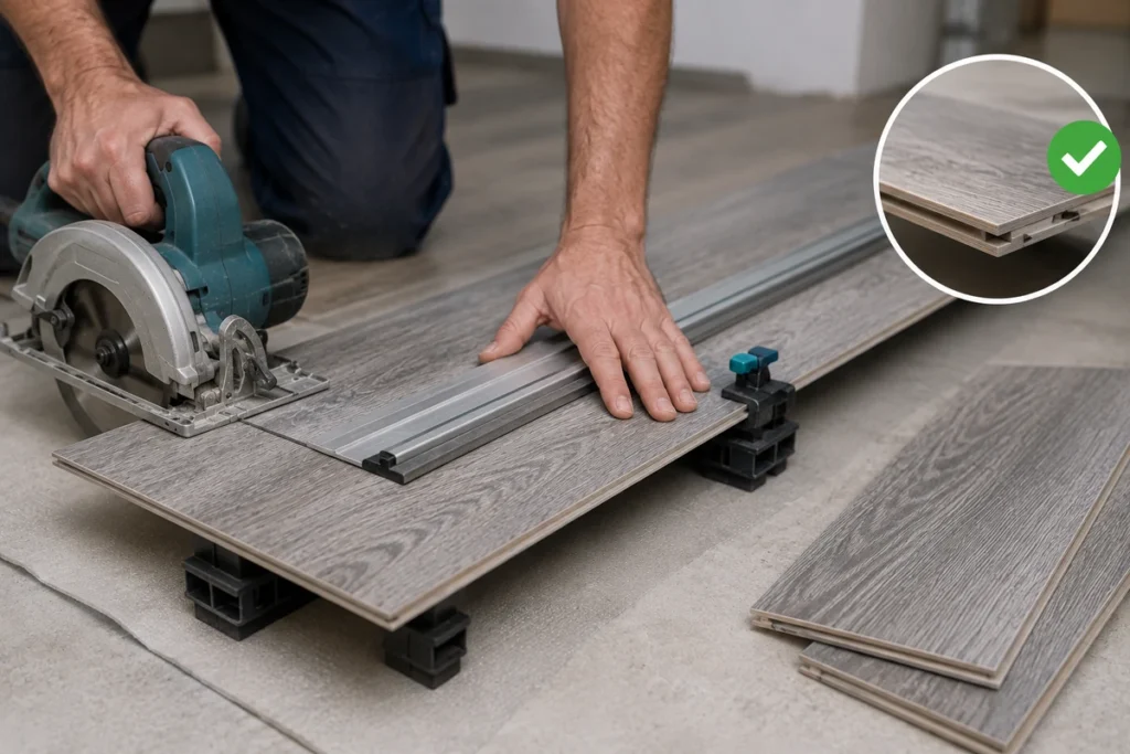 Click LVT plank being cut while protecting the tongue-and-groove locking edge