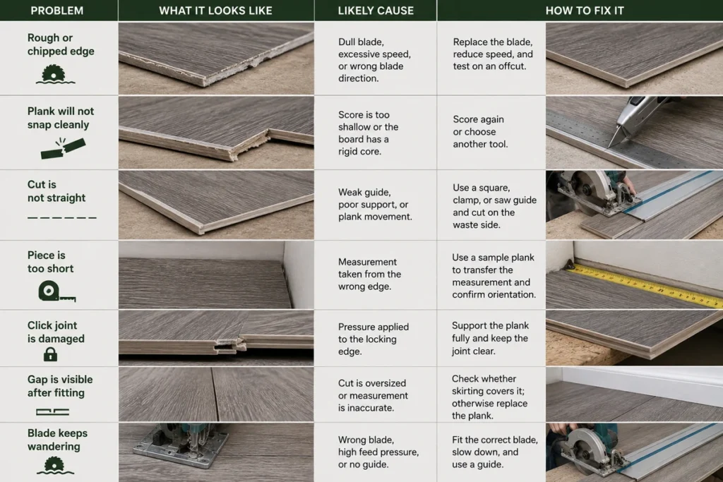 Common LVT cutting problems with examples of damaged edges, gaps, and inaccurate cuts