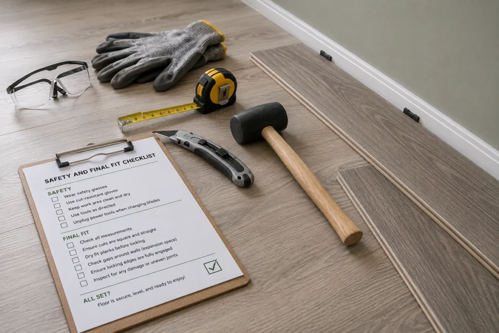 LVT flooring safety equipment and tools prepared for final fitting checks