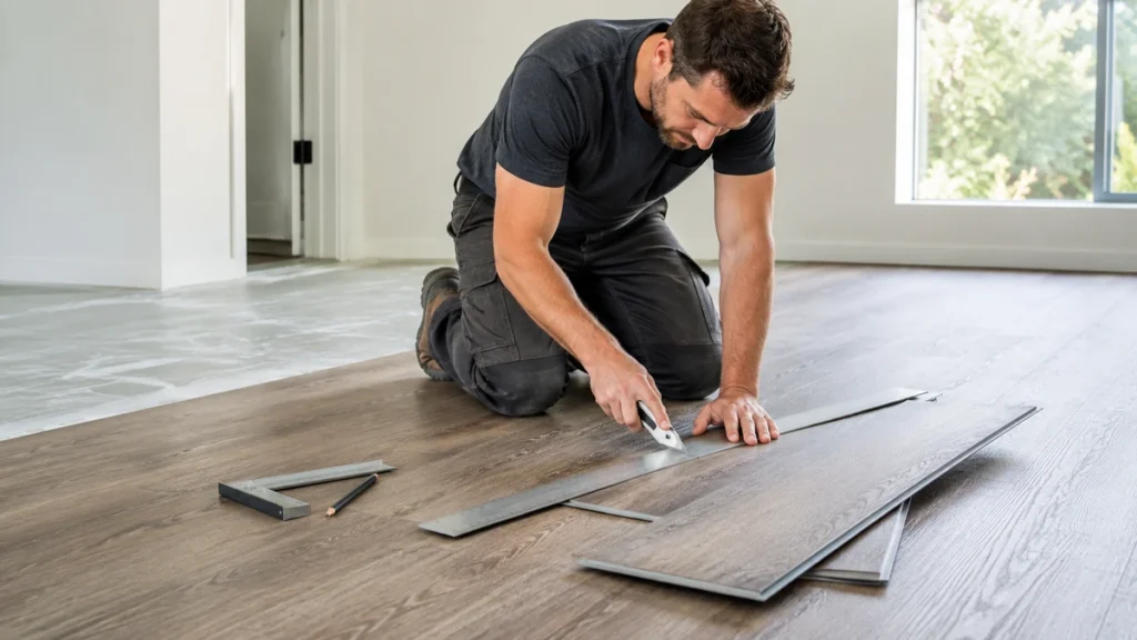 Installer cutting an LVT flooring plank with a utility knife in a bright interior room