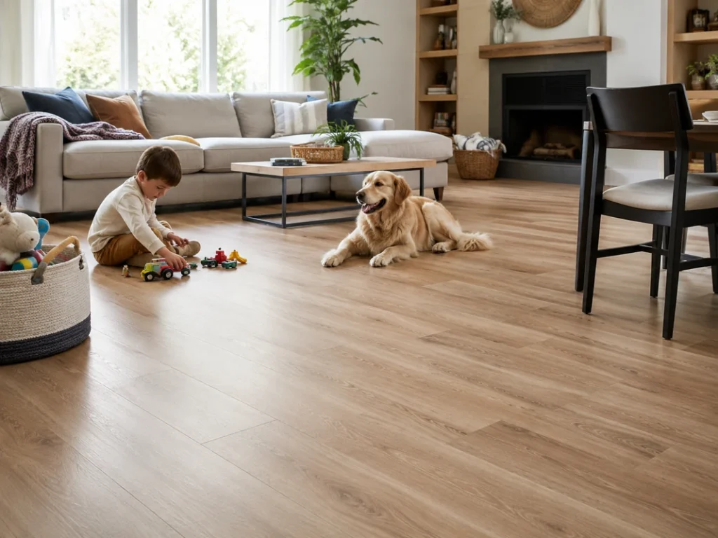 Child and dog playing on durable laminate flooring in a busy family living room