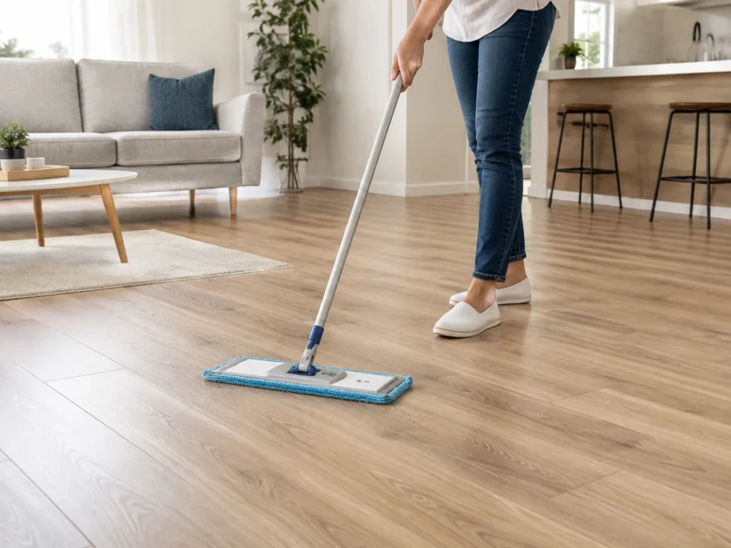 Homeowner cleaning laminate flooring with a microfibre mop in a modern living area