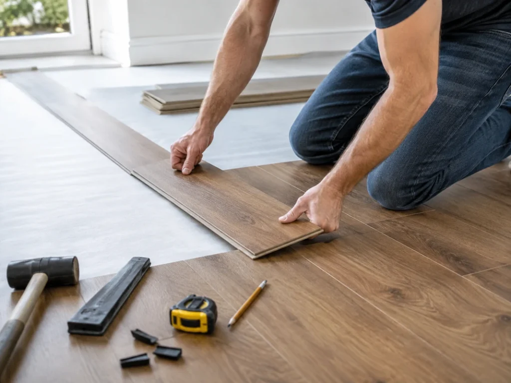 Homeowner installing click-lock laminate flooring over underlay using basic flooring tools