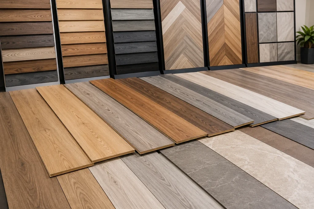 Laminate flooring samples displayed in a wide range of colours, patterns, and finishes