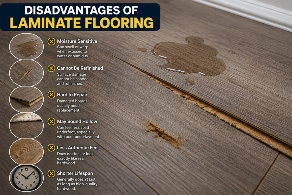 Damaged laminate flooring showing moisture swelling, scratches, lifted joints, and repair limitations