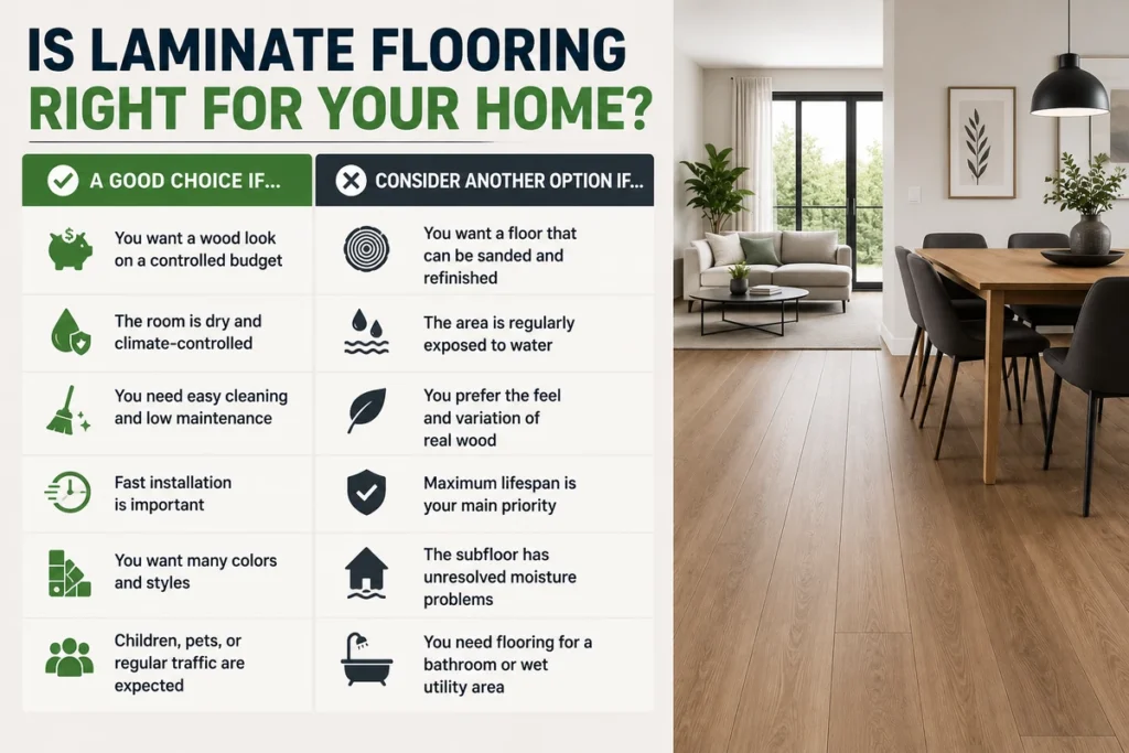 Laminate flooring suitability guide beside a modern living and dining room interior