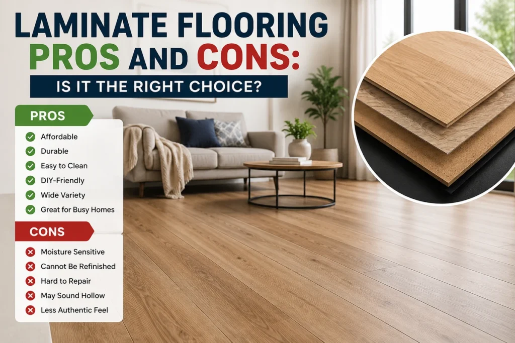 Modern living room with laminate flooring, highlighting laminate flooring pros and cons and its layered construction