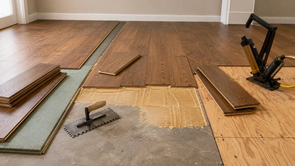 Floating, glue-down and nail-down methods for installing engineered hardwood flooring